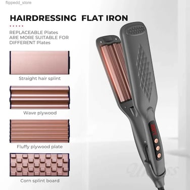 Curling Iron Hair Crimper with 4 Interchangeable Plates, Negative Ion Hair Curler and Volumizing Fluffy Hair Straightener for Versatile Styling