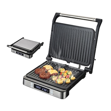 Large Fixed Plate Panini Press Grill - 180 Degree 4 Slice Digital LCD Contact Grill for Sandwiches &amp; Grilled Foods