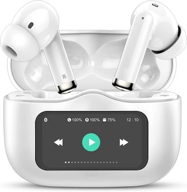ANC Wireless Earbuds with Touch LED Display &ndash; Bluetooth 5.4, Noise Cancelling, 100H Standby, White &ndash; Superior Sound Quality &amp; Long Battery Life