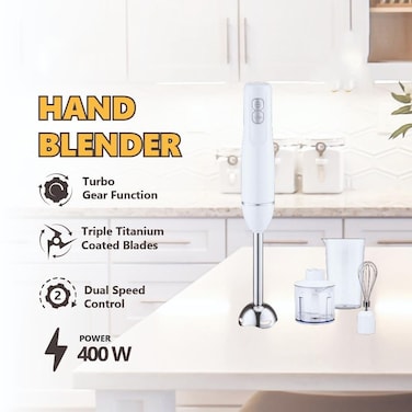 خلاط يدوي 4 في 1 - خلاط كهربائي متعدد الوظائف للخلط والخفق والتقطيع والهرس - أبيض