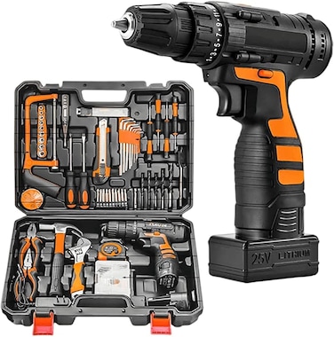 مجموعة أدوات كهربائية مكونة من 112 قطعة مع آلة حفر لاسلكية - مجموعة مثقاب كهربائي، مجموعة أدوات منزلية مع أدوات يدوية للمنزل والمكتب (أسود)