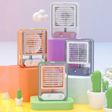 مروحة تبريد هواء صغيرة محمولة بمنفذ USB مع ضوء ليلي - مروحة تكييف هواء قابلة لإعادة الشحن للاستخدام المنزلي والمكتبي للتبريد السريع والهواء النقي