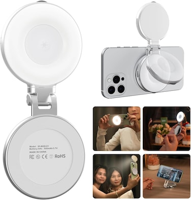Magnetic Selfie Light with Mirror &ndash; 360&deg; LED Fill Light for iPhone Magsafe &amp; Non-Magsafe Phones, 3 Color Modes, Height Adjustable Ring Light for Perfect Photos