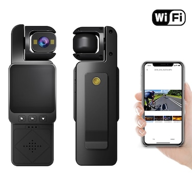 كاميرا واي فاي صغيرة قابلة للارتداء بدقة 1080 بكسل - كاميرا محمولة بمشبك خلفي مع عدسة قابلة للتعديل بزاوية 360 درجة، ورؤية ليلية، وكشف الحركة، والتحكم اللاسلكي بالتطبيق