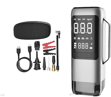 8-in-1 Car Jump Starter &ndash; Portable Car Battery Booster with Tire Pump, Power Bank, Vacuum Cleaner, LED &amp; SOS Flashlight, Air Blower, and Pressure Tester