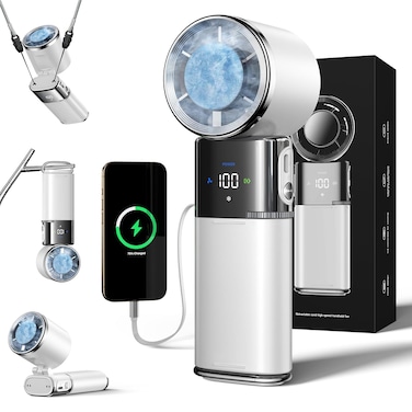 Ice Cooling Handheld Fan with 1&ndash;100 Stepless Speed Control &ndash; 120&deg; Flexible Neck, Built-in Type-C Cable, Portable Fan for Gym, Office, Camping, Travel