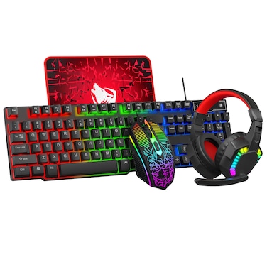 4-in-1 Gaming Keyboard Mouse Headset Combo Set &ndash; Wired RGB Backlit Keyboard, Ergonomic Gaming Mouse, Comfortable Headphones, and Large Mousepad for PC