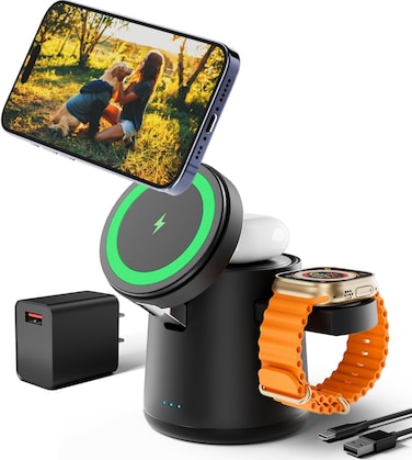 3 in 1 Charging Station for Apple MagSafe Charger - Adjustable Wireless Charging Stand for iPhone 16 15 14 13 12 Pro Max, Apple Watch &amp; AirPods (Black)