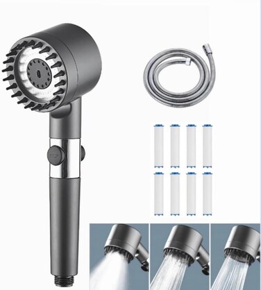 High Pressure Handheld Shower Head with Filters &ndash; 3 Spray Modes &amp; Detachable Spray Gun, Includes Scalp Massager Shampoo Brush   Ideal for Dry Hair &amp; Skin
