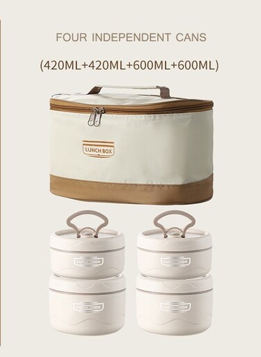 Steel Lunch Box with Cutlery Portable Lunch Box Microwave Heatable Multi-Layer Bento Box with Insulated Bag for School Office(Beige)