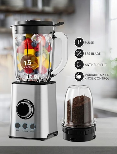 2 in 1 Professional Blender & Coffee Grinder with 1.5L Glass Jar & 300ml Grinding Cup, Stainless Steel Blades, Multi-Speed Control & Pulse Function