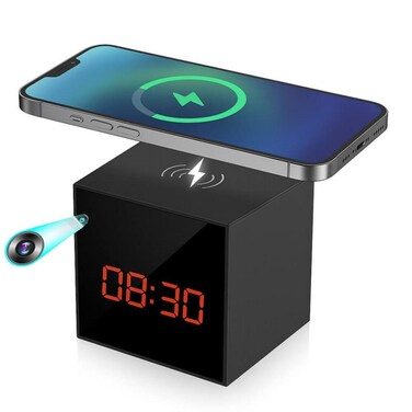 WiFi Smart Clock Camera with Wireless Phone Charger, Digital Alarm Clock with HD Camera, Wireless Charging Station & Desktop Display