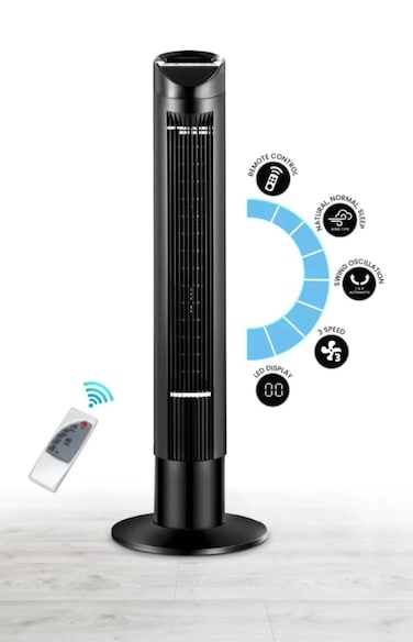 Tower Fan 3 Speed with Automatic Oscillation, 15-Hour Timer, Ionizer & LED Display, Natural Normal Sleep Modes, Quiet Cooling Fan for Home, Bedroom & Office – Black
