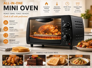 8L Countertop Toaster Oven 650W   Electric Mini Oven for Baking, Toasting, Broiling, Grilling &amp;amp; Reheating   Adjustable Temperature Thermostat, Defrost Function &amp;amp; Tempered Glass Door