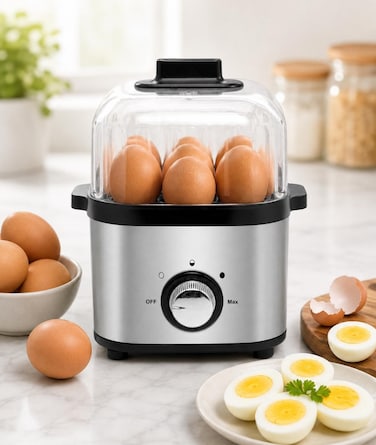 4 Slot Rapid Egg Cooker 360W Electric Egg Boiler   Stainless Steel Egg Tray with Measuring Cup & Egg Piercing Pin   Automatic Hard, Medium & Soft Boiled Egg Maker for Breakfast, Snacks & Tiffin