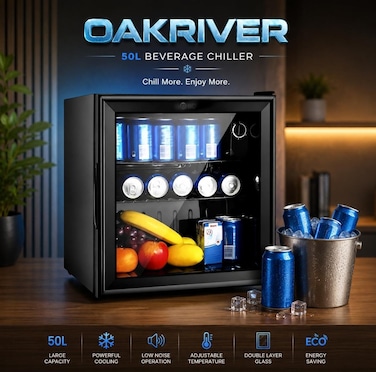 50L Beverage Refrigerator Mini Cooler with Glass Door   55W Compact Drinks Fridge with Adjustable Temperature Control & LED Light   Beverage Cooler for Cans, Bottles, Home, Office & Bar