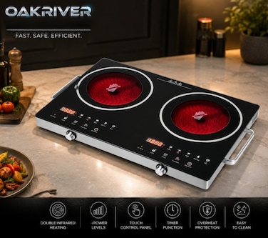 2 Burner Digital Infrared Cooker 3400W   Portable Double Ring Electric Stove with Touch & Knob Controls   Adjustable Temperature Tempered Glass Panel & Overheat Protection
