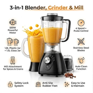 3 in 1 Blender  550W, 1.8L Plastic Jar + 1.5L Glass Jar, Grinder Mill, 4-Speed Control, Stainless Steel Blades, Auto Clean, Safety Lock, Multi-Function Blender