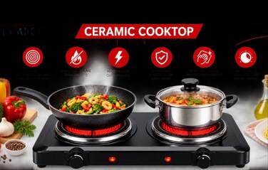 Double Ceramic Electric Hot Plate 2000W, 2 Burner Portable Cooktop Stove with Easy-Clean Ceramic Glass Surface, Fast & Efficient Heating for Home, Kitchen, Office & Camping
