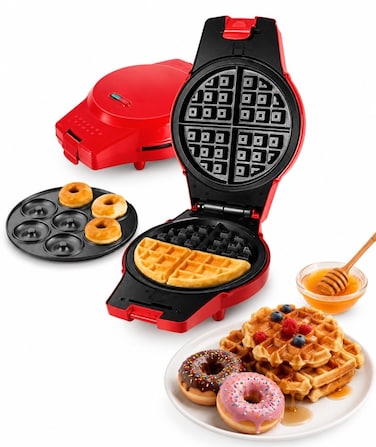 2-in-1 Electric Waffle &amp; Donut Maker with Non-Stick Detachable Plates, Multi-Purpose Breakfast &amp; Dessert Snack Maker