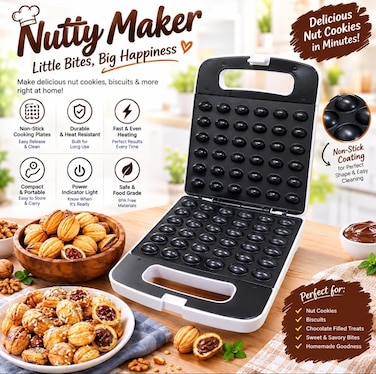 Electric Nut &amp; Walnut Cake Maker, Double-Sided Heating Non-Stick Mini Cake Baking Machine, Biscuit Maker, Breakfast Maker, Snack &amp; Dessert Baking Appliance for Home Kitchen