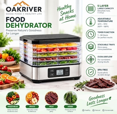 5 Layer Food Dehydrator, 2kg Electric Food Dryer Machine, Adjustable Temperature Control, Fruit &amp; Vegetable Dehydrator for Meat, Herbs, Snacks &amp; Homemade Jerky, Double Layer Outer Shell, Energy Efficient