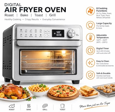 22L Digital Air Fryer Oven 1700W, Stainless Steel Air Fryer Toaster Oven with Digital Display, Programmable Temperature &amp; Timer, Multi-Function Convection Oven for Air Frying, Baking, Roasting &amp; Grilling