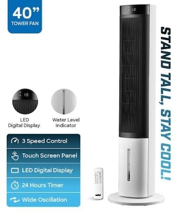 40-Inch Tower Fan with 3 Speed Settings, LED Display, 24-Hour Timer, Wide Oscillation &amp; Water Level Indicator, Tall Cooling Fan for Home, Bedroom &amp; Office