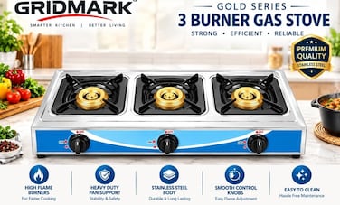 3 Burner Stainless Steel Gas Stove, 100mm High-Efficiency Burners, Automatic Ignition, Blue Flame Technology, Enameled Pan Support, LPG Gas Cooker for Home Kitchen