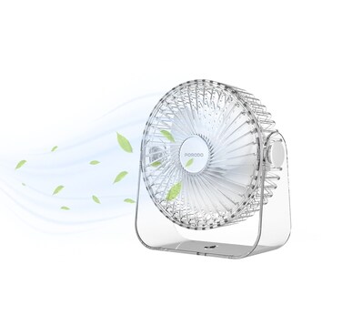 Porodo Transparent Fan with LED Night Light, 120&deg; Adjustable Rotation, 3000mAh Battery, 5V/2A Input, 3-9.5H Working Time, Type C Charging, Whisper-Quiet Operation &ndash; Clear