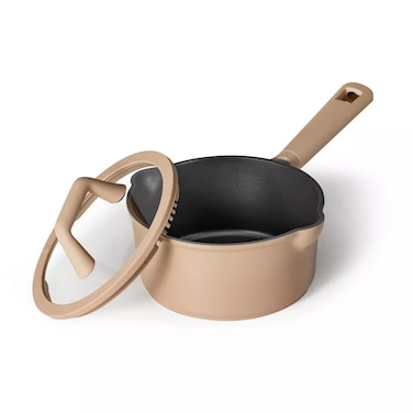 Carote 1.9 Litre Nonstick Saucepan with Pour Spout &amp; Strainer Lid, PFAS &amp; PFOA Free Healthy Cooking, Titanium-Reinforced with Heat-Resistant Handle, All-Stovetop Compatible, Dishwasher Safe (Taupe)