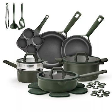 Carote 21-Piece Nonstick Cookware Set, PFOA-Free Healthy Cooking Set, Skillets, Saucepan, Saut&eacute; Pan, Casserole, Steamer &amp; 4-in-1 Pan, All Kitchen Stovetop Compatible, Dishwasher Safe (Dark Green)