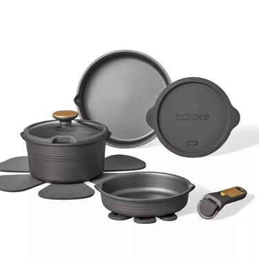 Carote 10-Piece Nonstick Cookware Set with Detachable Handle, Stackable Pots &amp; Pans, PFOA-Free Aluminum Healthy Cooking Set with Pour Spouts, All Kitchen Stovetop Compatible, Dishwasher Safe (Black)
