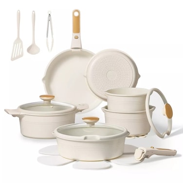 Carote 24-Piece Nonstick Cookware Set with Detachable Handle, Stackable Pots &amp; Pans, PFOA-Free Aluminum Healthy Cooking Set with Pour Spouts, All Kitchen Stovetop Compatible, Dishwasher Safe (White)