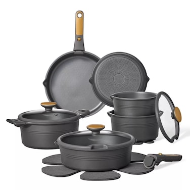 Carote 24-Piece Nonstick Cookware Set with Detachable Handle, Stackable Pots &amp; Pans, PFOA-Free Aluminum Healthy Cooking Set with Pour Spouts, All Kitchen Stovetop Compatible, Dishwasher Safe (Black)