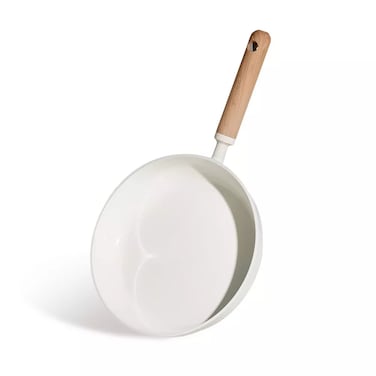 Carote 10-Inch Ceramic Nonstick Fry Pan, PFAS-Free Non-Toxic Coating, Healthy Cooking Frying Pan, Wood-Like Handle, Full-Spray Even-Heat Base, All-Stovetop Compatible Skillet, Dishwasher Safe (Cream)