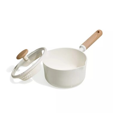 Carote 1.9 Litre Ceramic Nonstick Saucepan with Dual-Size Strainer Lid, PFAS-Free Healthy Cooking, Ergonomic Wood-Like Handle, Full-Spray Base, All-Stovetop Compatible, Dishwasher Safe (Cream)