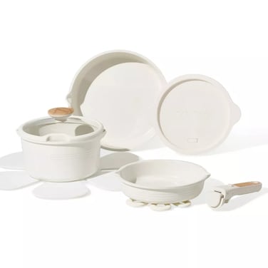 Carote 10-Piece Ceramic Nonstick Cookware Set with Detachable Handle, PFAS-Free Healthy Cooking Pots &amp; Pans, Stackable Design with Pour Spouts, All-Stovetop Compatible, Dishwasher Safe (Cream)