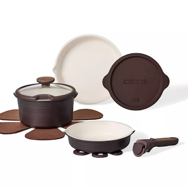 Carote 10-Piece Ceramic Nonstick Cookware Set with Detachable Handle, PFAS-Free Healthy Cooking Pots &amp; Pans, Stackable Design with Pour Spouts, All-Stovetop Compatible, Dishwasher Safe (Chocolate)