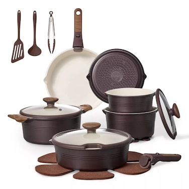 Carote 24-Piece Ceramic Nonstick Cookware Set with Detachable Handle, PFAS-Free Healthy Cooking Pots &amp; Pans, Stackable Design with Pour Spouts, All-Stovetop Compatible, Dishwasher Safe (Chocolate)