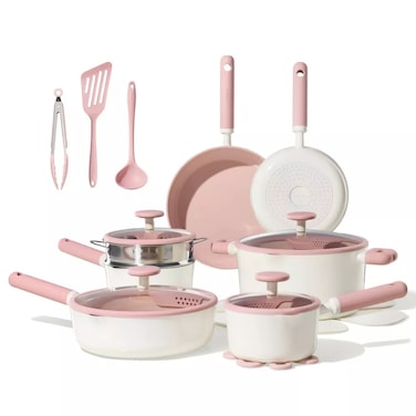 Carote 21-Piece Ceramic Nonstick Cookware Set, PFAS-Free Healthy Cooking Set, Dual-size Silicone Strainer Lids, Full-Spray Even-Heat Base, All Kitchen Stovetop Compatible, Dishwasher Safe (Pink)
