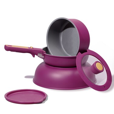 Carote 6-Piece Ceramic Cookware Set with Detachable Handle, Stackable Frying Pan &amp; Saucepan with Lids, PFAS-Free Nonstick Healthy Cooking Set, All Kitchen Stovetop Compatible, Dishwasher Safe (Purple)