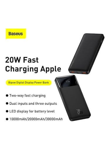 Baseus 10000mAh Power Bank 20W PD   Fast Charging Battery Pack   LED Digital Display   Dual Input &amp; Triple Output   Compact &amp; Portable   Compatible with iPhone, Samsung, Huawei &amp; More - Black
