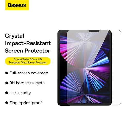 Baseus Crystal Series 9H Tempered Glass Protector   0.3mm Ultra-Thin, Full Coverage   Fits iPad Air 5/4 &amp; iPad Pro 11-Inch   Face ID &amp; Apple Pencil Support   Easy Install