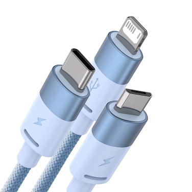 3 in 1 Multi Charging Cable, nylon braided USB to Lightning & USB-C charger for Apple & Android devices. Fast charging for iPhone 14/13/12/11/8/iPad Pro, Samsung. 1.2M Blue.


