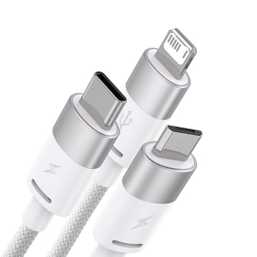 3 in 1 Multi Charging Cable, nylon braided USB to Lightning &amp; USB-C charger for Apple &amp; Android devices. Fast charging for iPhone 14/13/12/11/8/iPad Pro, Samsung. 1.2M White.


