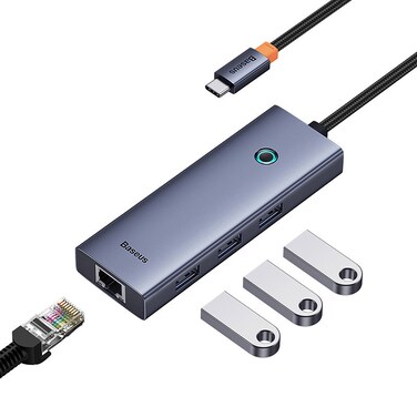 Baseus Flite Series 4-in-1 USB-C Hub Adapter with 3 USB 3.0 Ports, RJ45 Ethernet 1000M, High-Speed Data Transfer, Universal Compatibility, Grey