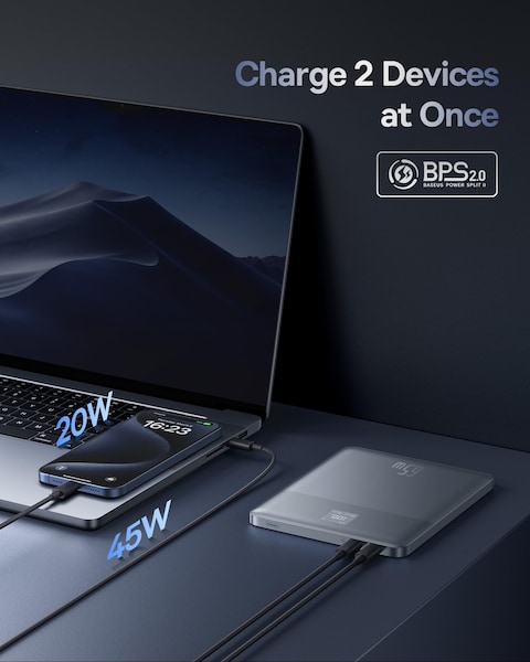 Baseus 12000mAh Laptop Power Bank, 65W Digital Display Fast Portable Charger With USB C Cable, 2 Outputs USB C Battery Bank for MacBook Air, Dell/HP, Steam Deck, iPad, iPhone, Samsung etc (Silver)