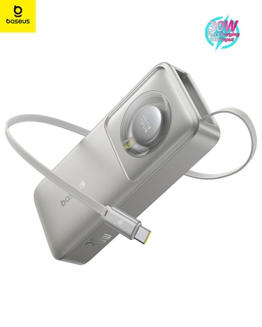Baseus 10000mAh 30W Power Bank with Retractable USB-C Cable, Portable Charger, LED Display, Fast Charging for iPhone 15/14/13, iPad, Samsung S24, Grey