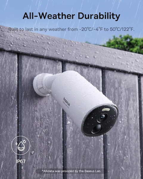 Baseus Security Camera Outdoor, B1 Wireless Solocam with 2K Clarity, 145° Wide View, 210-Day Battery Life, IP67, Built-in 8GB Local Storage and Color Night Vision, No Monthly Fee